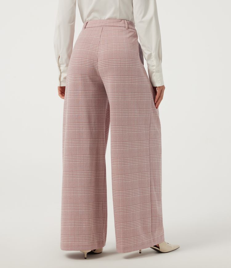 Bean Paste Houndstooth Plaid Mid Rise Wide Leg Pleated Plaid Casual Pants with Pockets / 2