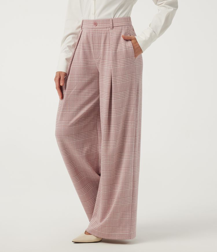 Mid Rise Wide Leg Pleated Plaid Casual Pants with Pockets