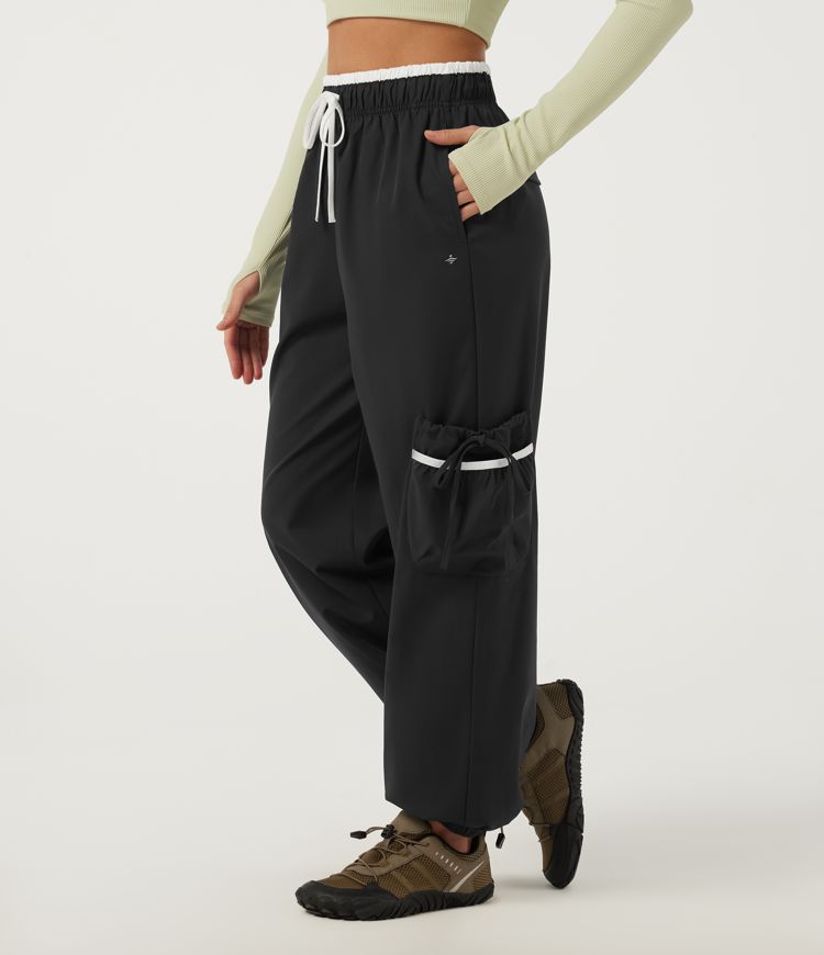 Water Repellent Wear-Resistant High Waisted Drawstring Color Block Lace Up Hiking Joggers with Pockets