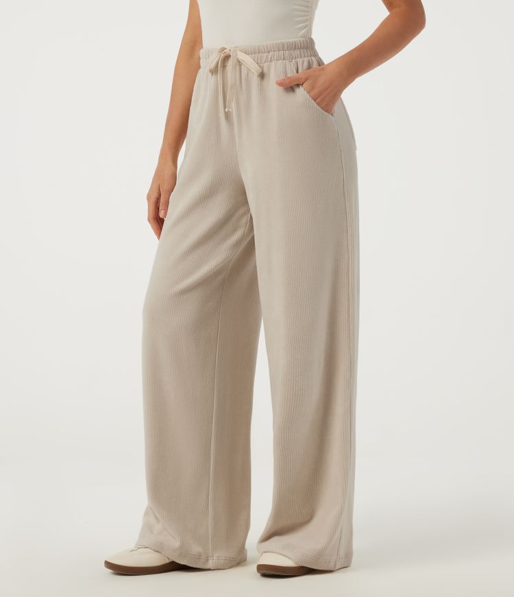 Mid Rise Drawstring Wide Leg Corduroy Casual Pants with Pockets