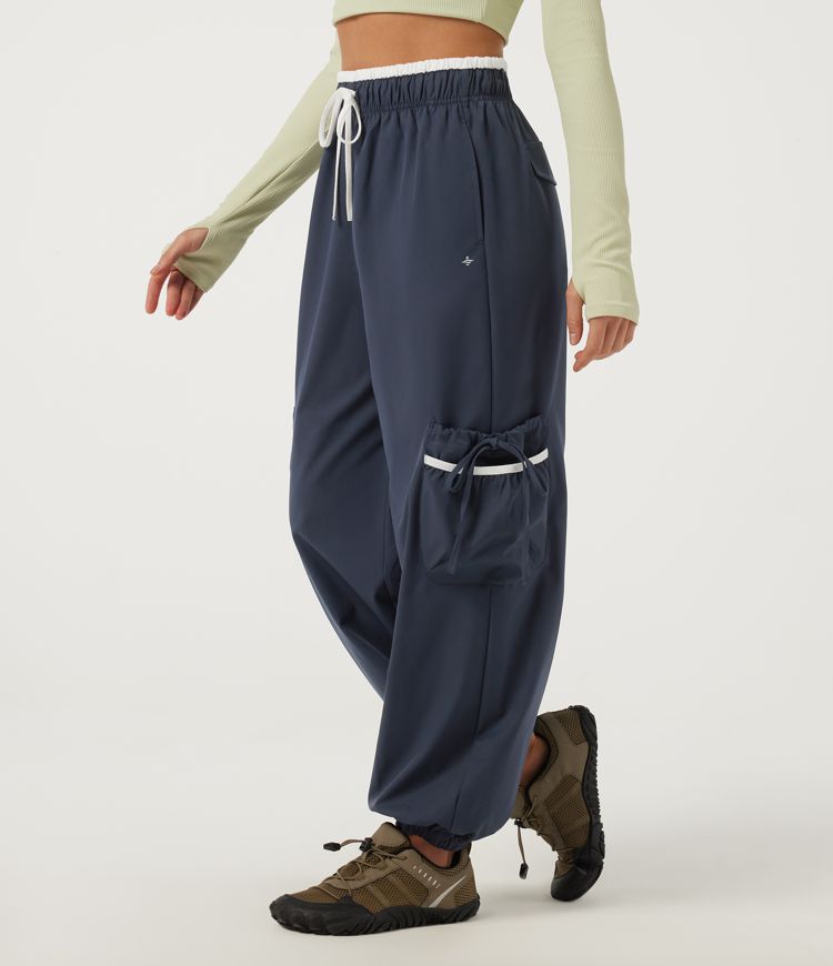 Water Repellent Wear-Resistant High Waisted Drawstring Color Block Lace Up Hiking Joggers with Pockets