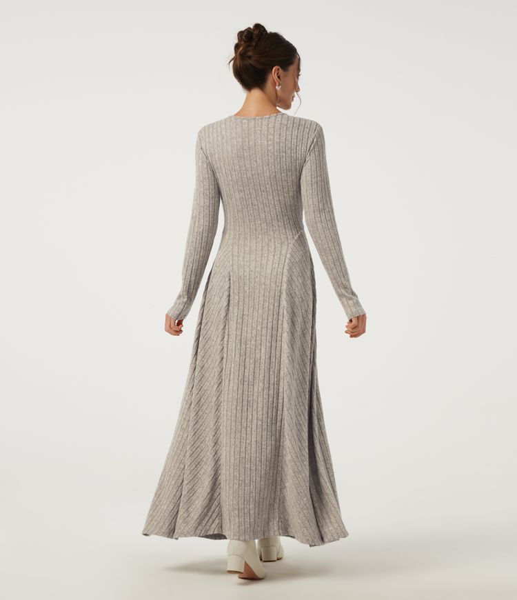 Warm Grey Floral Velvet Ribbed Knit V Neck Long Sleeve Flare Maxi Casual Dress with Pockets / 2