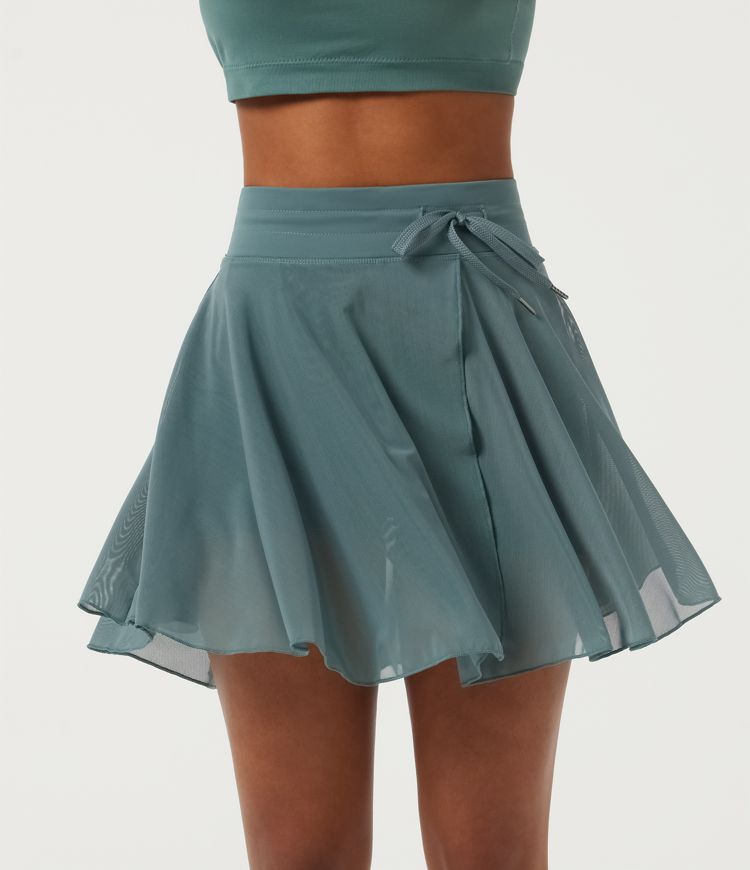 High Waisted Drawstring Contrast Mesh 2-in-1 Pocket Flowy Mini Flare Casual Skirt-Longer Length