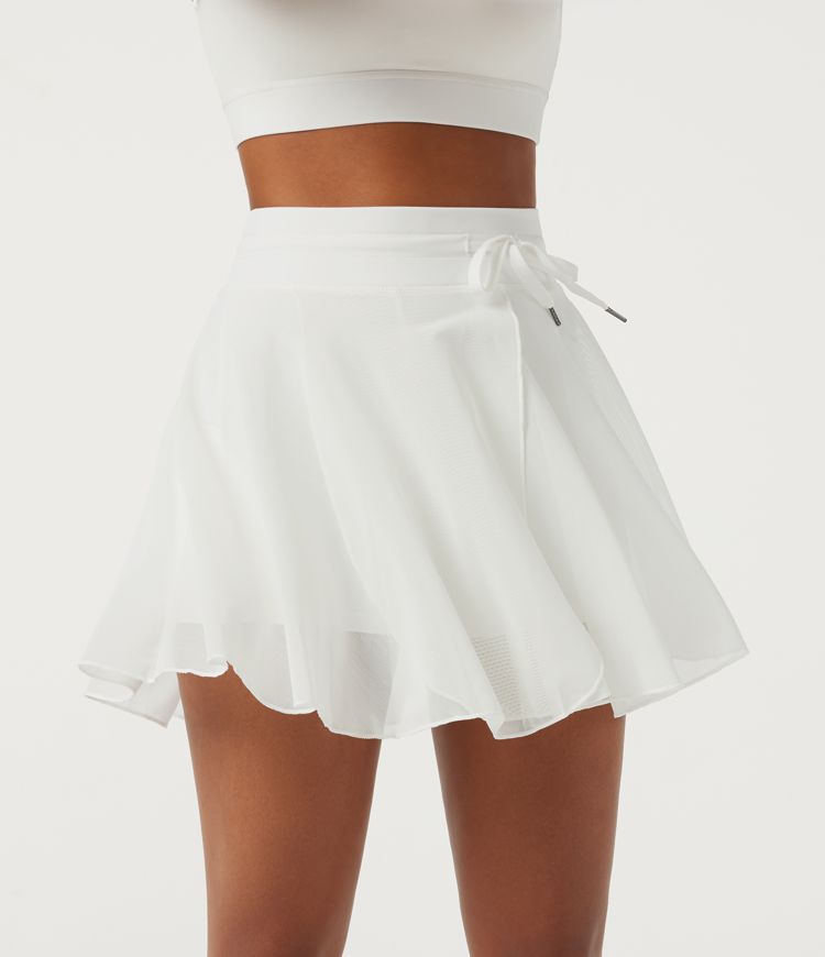 High Waisted Drawstring Contrast Mesh 2-in-1 Pocket Flowy Mini Flare Casual Skirt-Longer Length