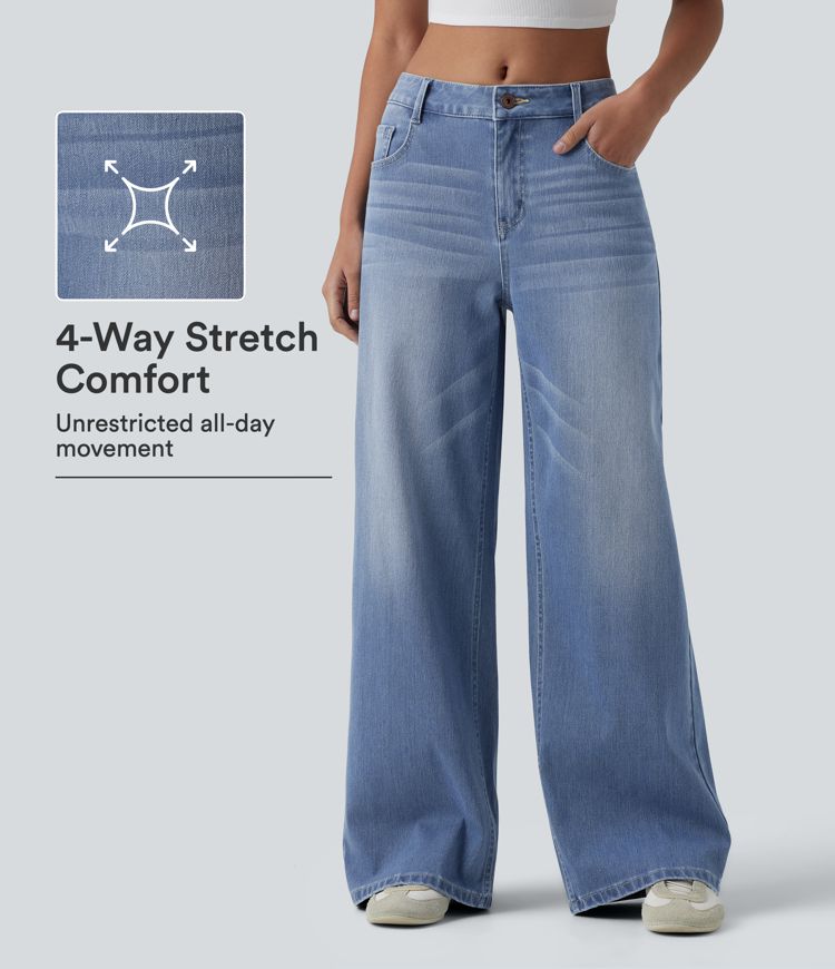 Halara Flex™ Mid Rise Washed Baggy Wide Leg Casual Jeans with Pockets