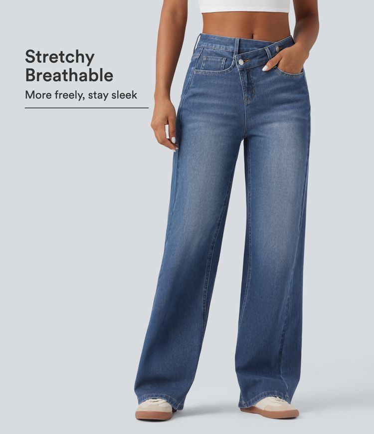 Halara Flex™ Asymmetric High Waisted Washed Lightweight Casual Baggy Jeans with Pockets