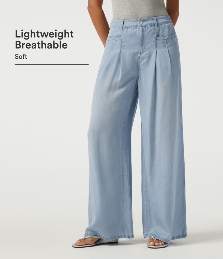 Baltic Sea Blue Denim High Waisted Wide Leg Lightweight Summer Casual Jeans with Pockets / 1
