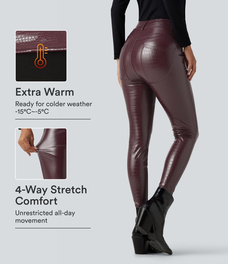 High Waisted Snakeskin Print Stretchy PU Fleece Casual Leggings with Pockets