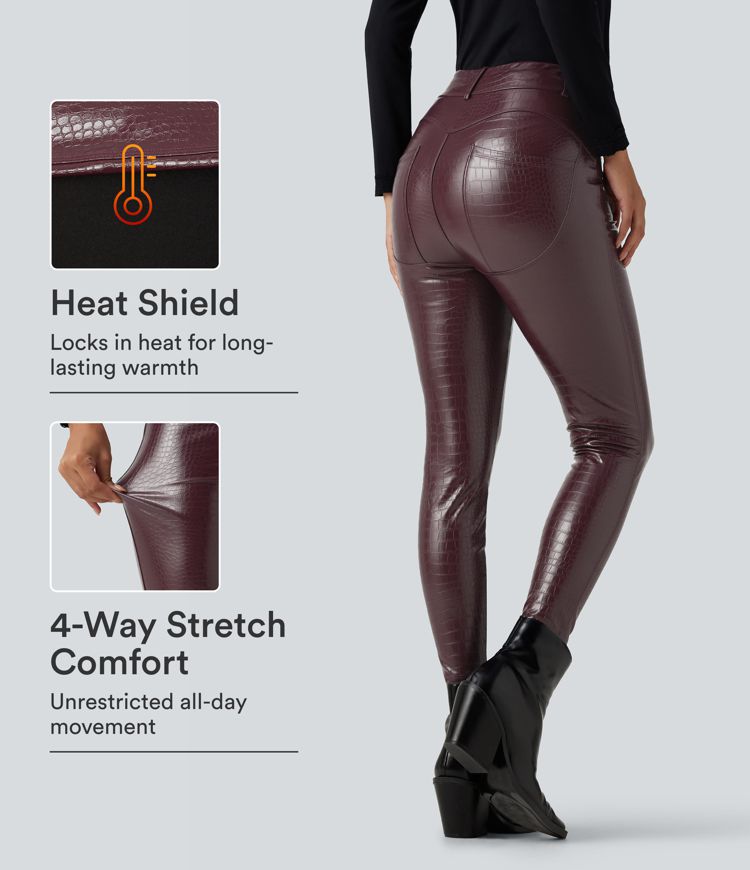 High Waisted Snakeskin Print Stretchy PU Fleece Casual Leggings with Pockets
