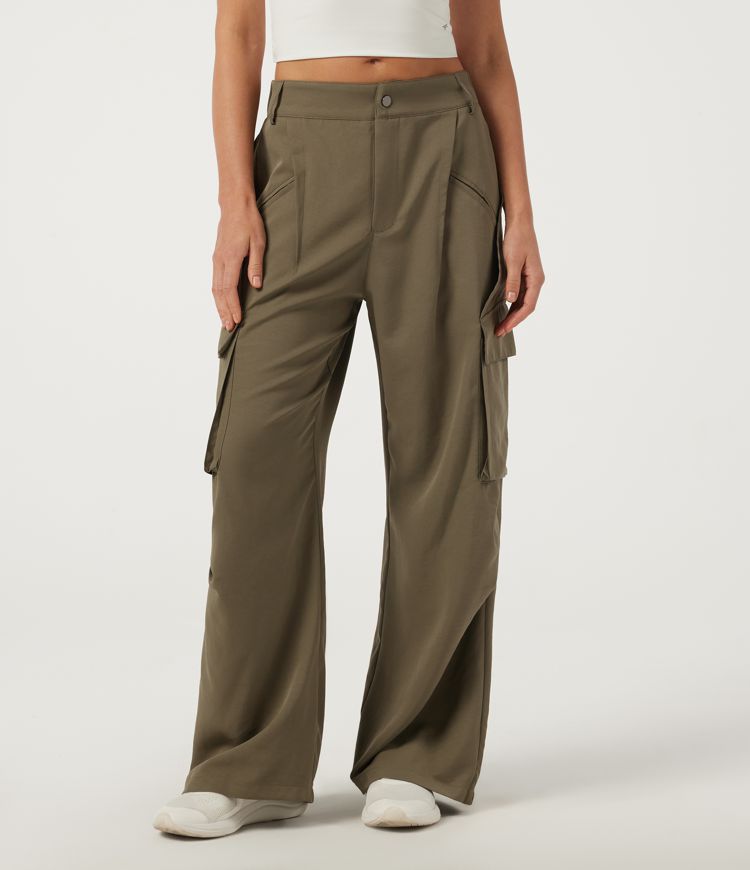 Mid Rise Button Zipper Side Pocket Wide Leg Baggy Casual Cargo Pants