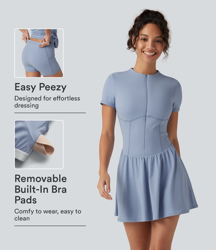 SoftlyZero™ Airy Round Neck Short Sleeve Built-in Bra 2-in-1 InstantCool Mini Yoga Dress with Pockets-Easy Peezy Edition
