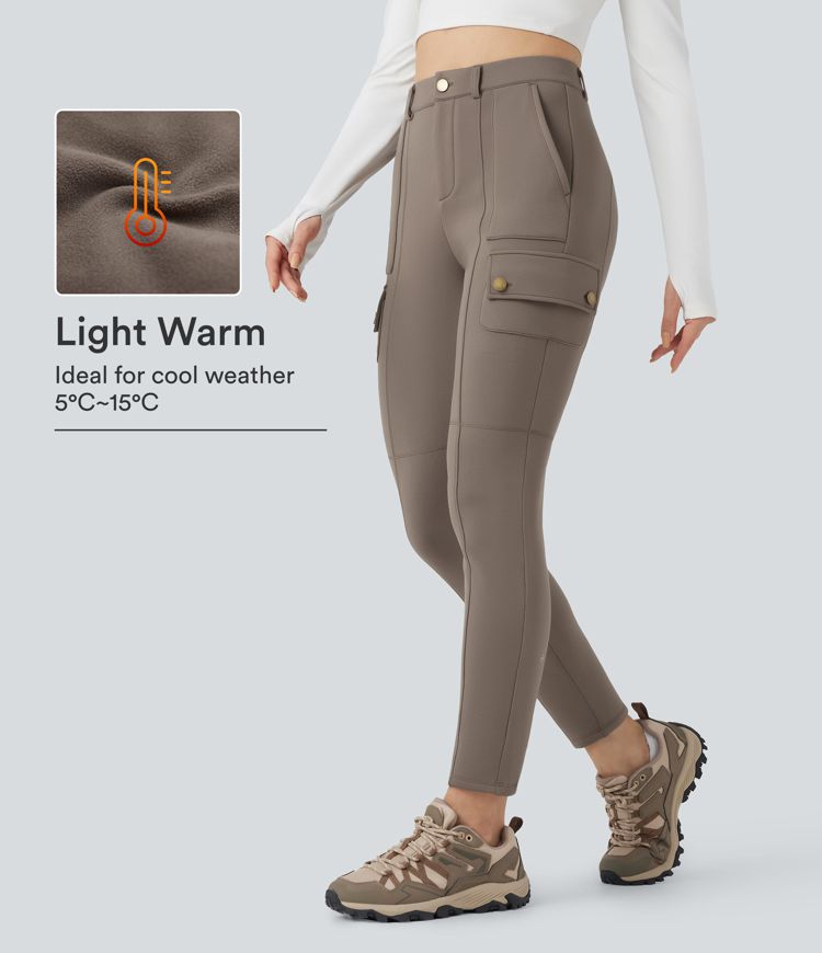 Walnut High Waisted Skinny Fleece Hiking Cargo Trousers with Pockets / 1