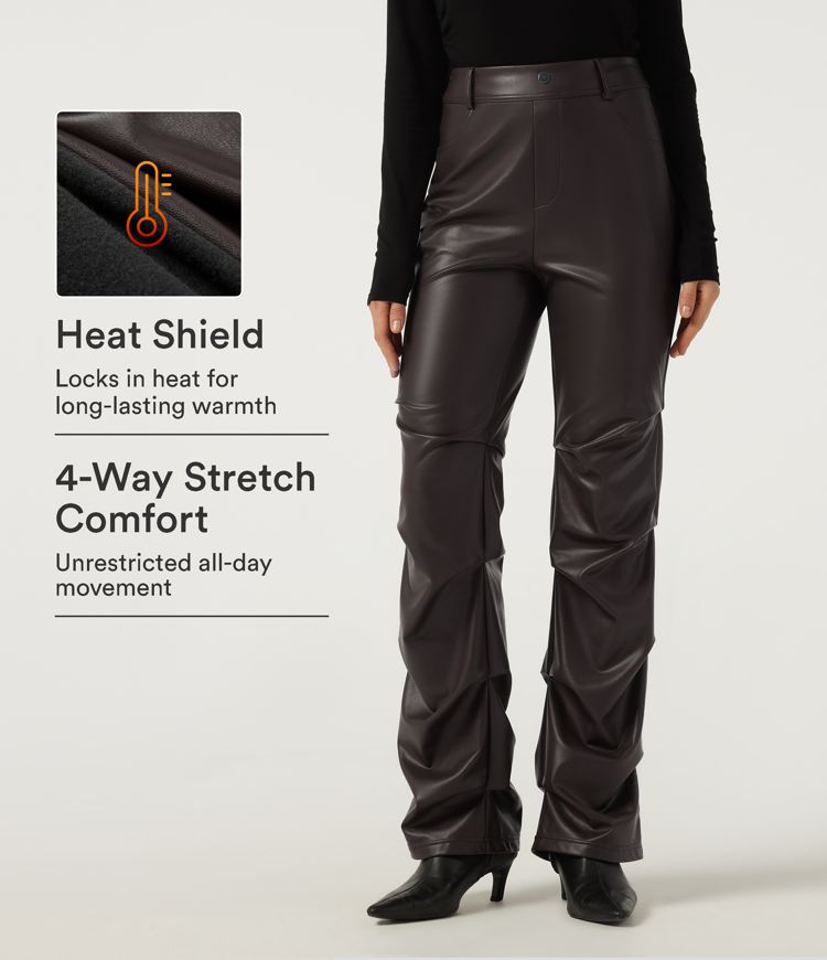 High Waisted Ruched Bootcut Stretchy PU Fleece Casual Pants with Pockets