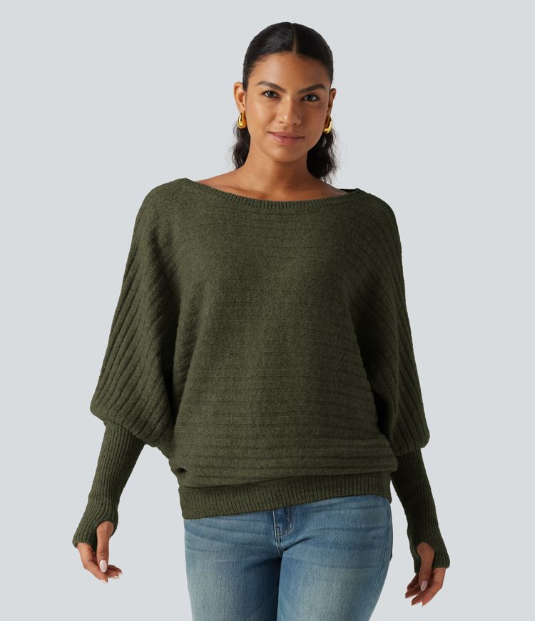 Boat Neck Batwing Long Sleeve Thumb Hole Casual Wool-Blend Jumper