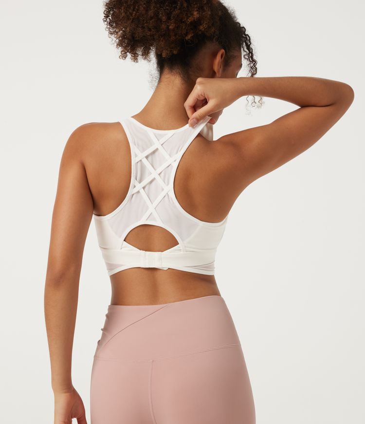 White V-Neck Crossover Contrast Mesh Built-in Bra Racerback Running Sports Bra / 2