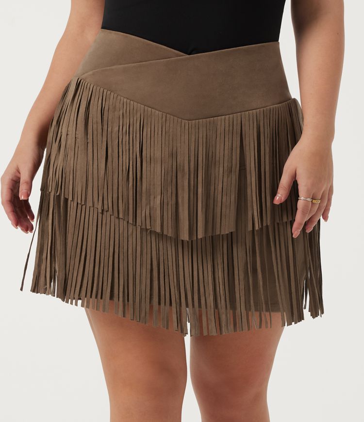 Plus-koko, korkeavyötäröinen A-linjainen mokkanahkainen minihame hapsureunalla, 2-in-1 bodycon-juhlahame