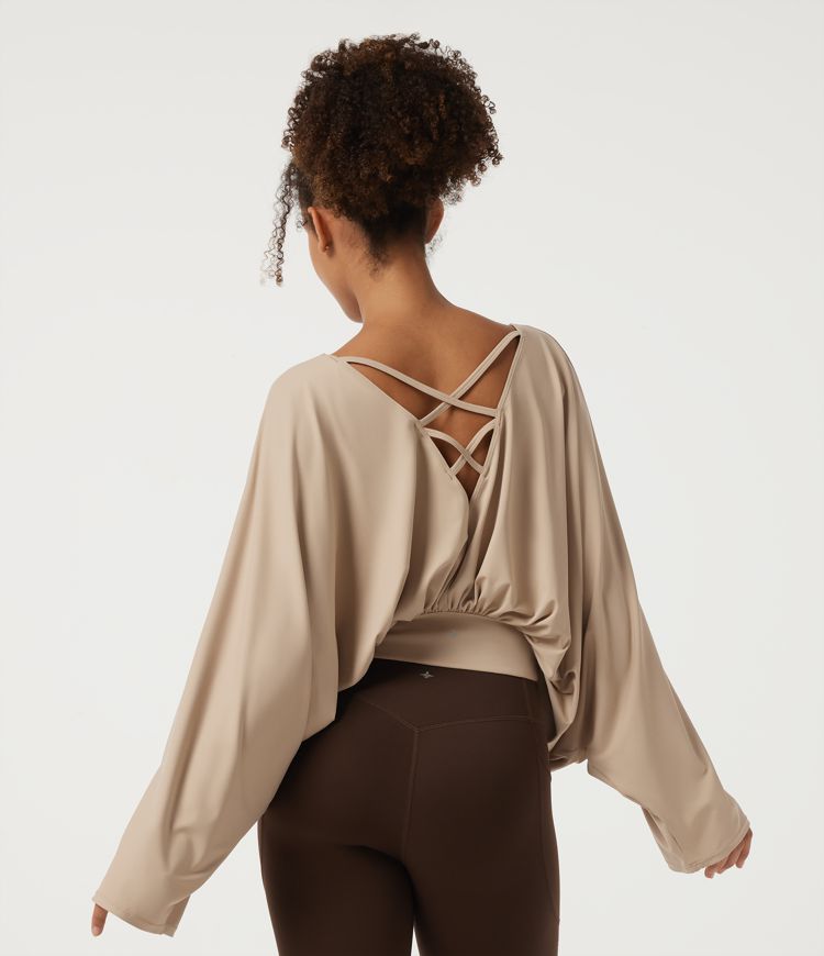 Humus Yoga-Sporttop mit tiefem V-Ausschnitt, Fledermausärmeln, langen Ärmeln und Crossover-Front / 2