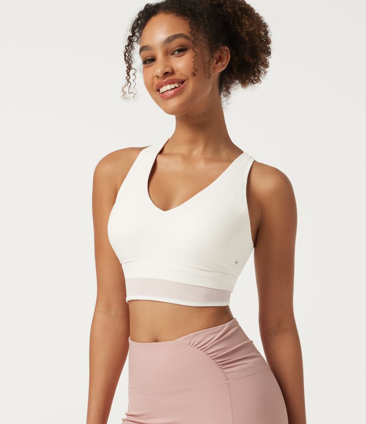 V-Neck Crossover Contrast Mesh Built-in Bra Racerback Running Sports Bra