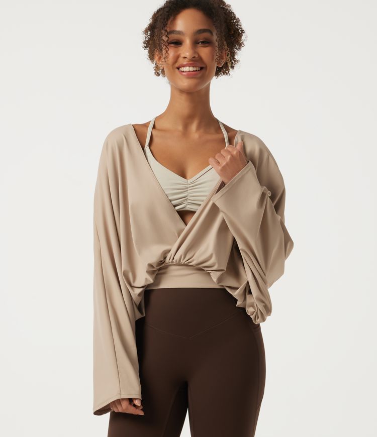 Deep V Neck Batwing Long Sleeve Crossover Yoga Sports Top