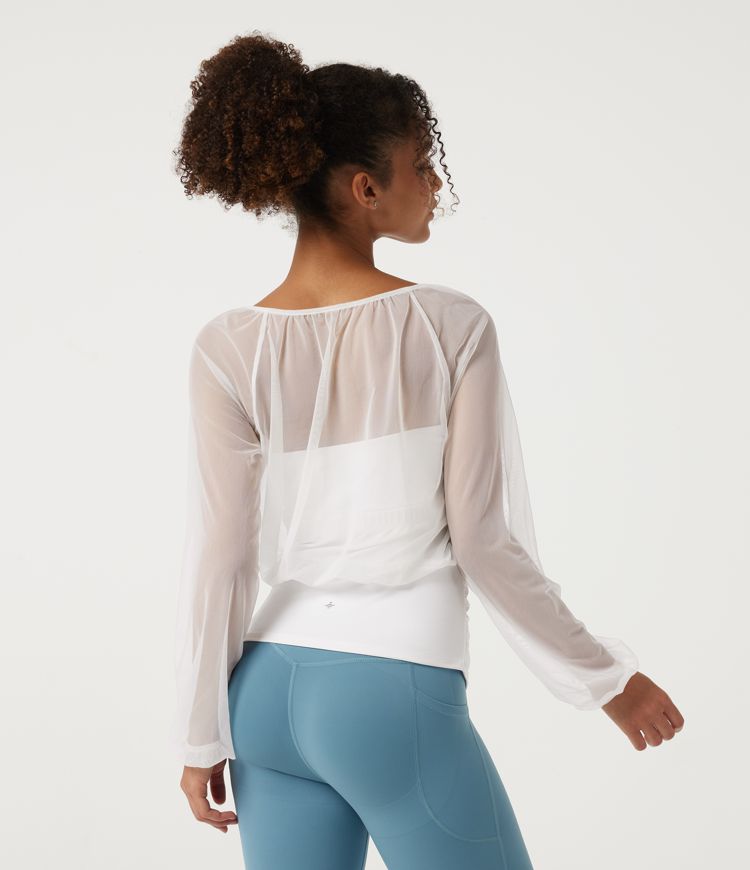 White SoftlyZero™ Airy Round Neck Long Sleeve Built-in Bra Ruched InstantCool Yoga Sports Top / 2