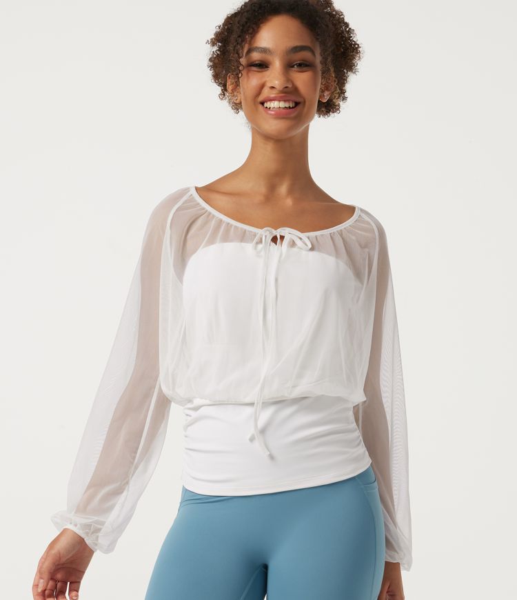 White SoftlyZero™ Airy Round Neck Long Sleeve Built-in Bra Ruched InstantCool Yoga Sports Top / 1