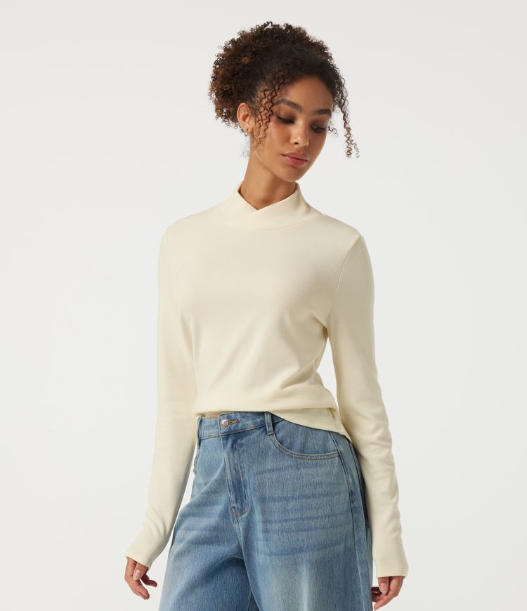 Mock Neck Long Sleeve Crossover Thermal Work Top