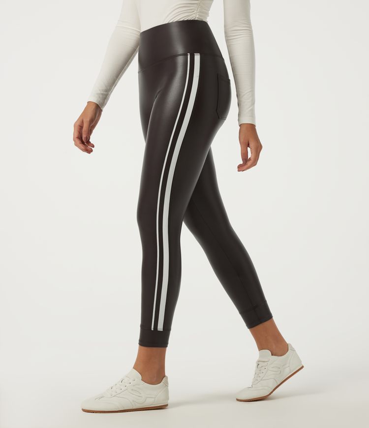 High Waisted Tummy Control Color Block Skinny Stretchy PU Fleece Casual Leggings with Pockets