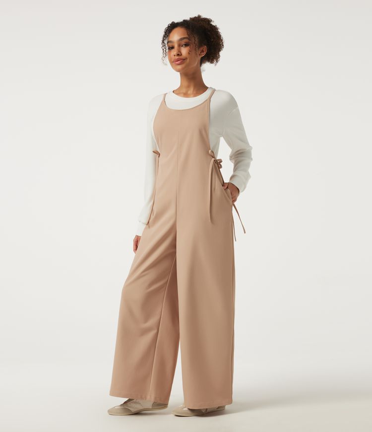 U Neck Sleeveless Drawstring Wide Leg Casual Overall with Pockets