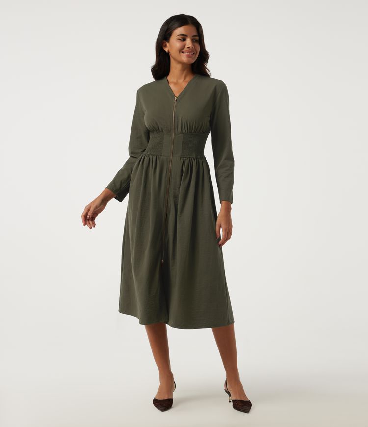 V Neck Long Sleeve A-Line Work Midi Dress with Pockets