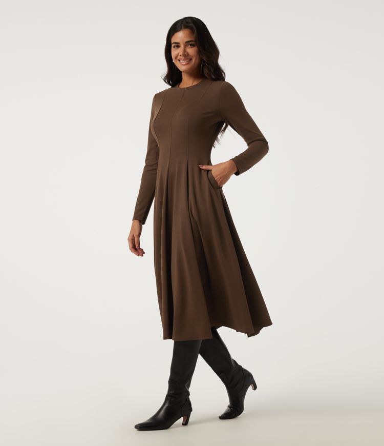 Party-Midi-Kleid in A-Linie mit rundem Halsausschnitt, langen Ärmeln und Taschen