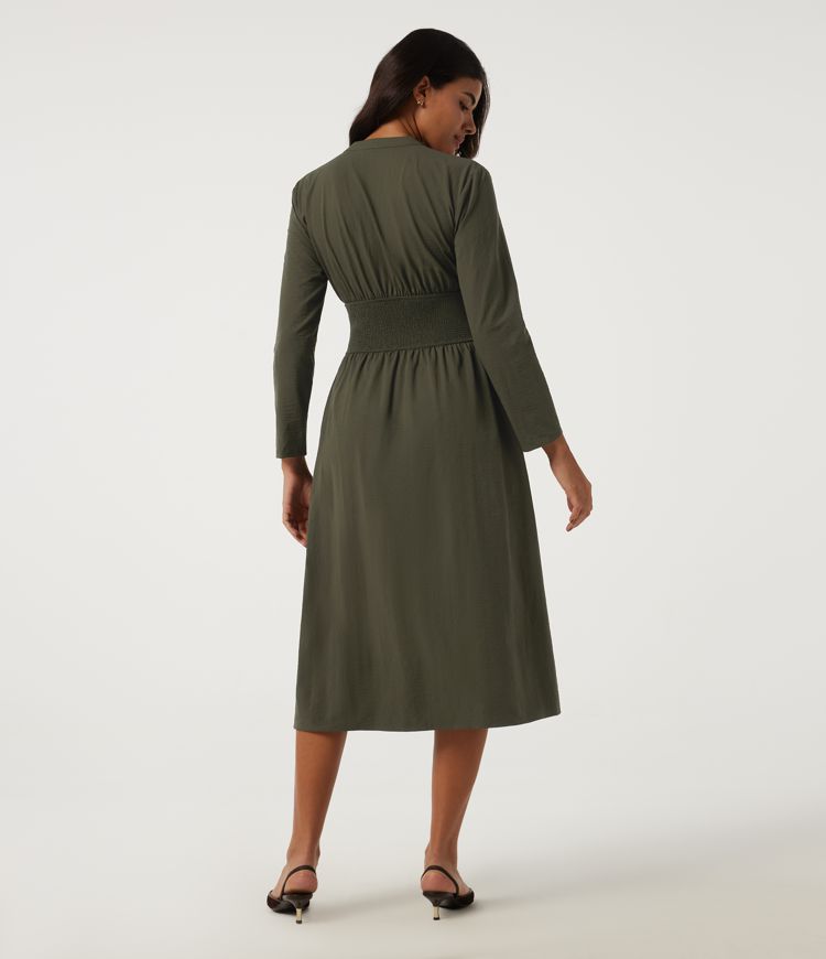 Ivy Green V Neck Long Sleeve A-Line Work Midi Dress with Pockets / 2
