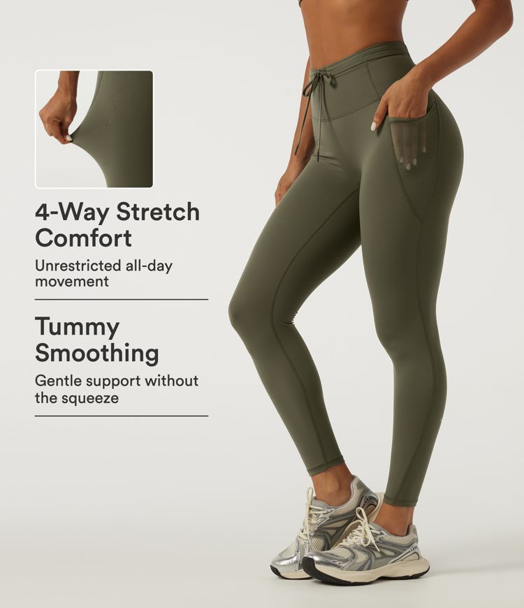Quick Dry High Waisted Drawstring Tummy Control Running Leggings with Pockets
