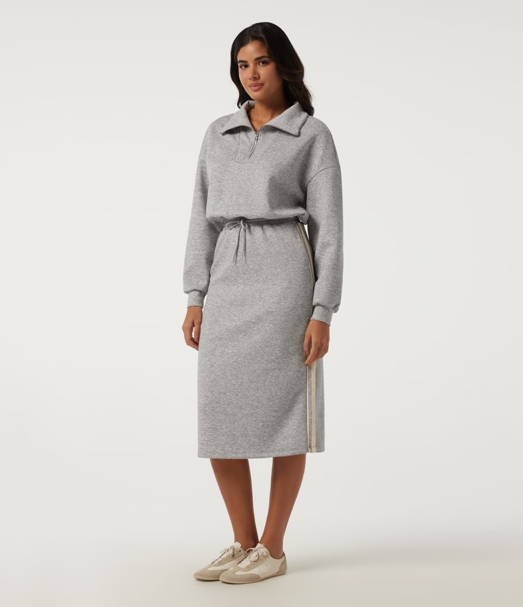 Stand Collar Long Sleeve Drawstring Side Stripe Casual Midi Sweatshirt Dress with Pockets
