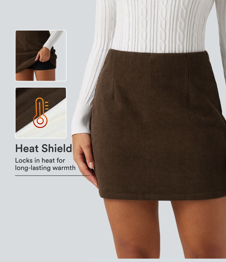 High Waisted A-Line Corduroy Fleece Casual Mini Skirt with Built-in Shorts-Longer Length