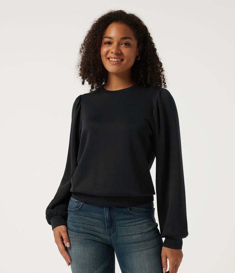 Round Neck Puff Long Sleeve Ruched Casual Sweatshirt
