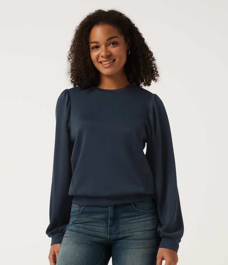 Round Neck Puff Long Sleeve Ruched Casual Sweatshirt