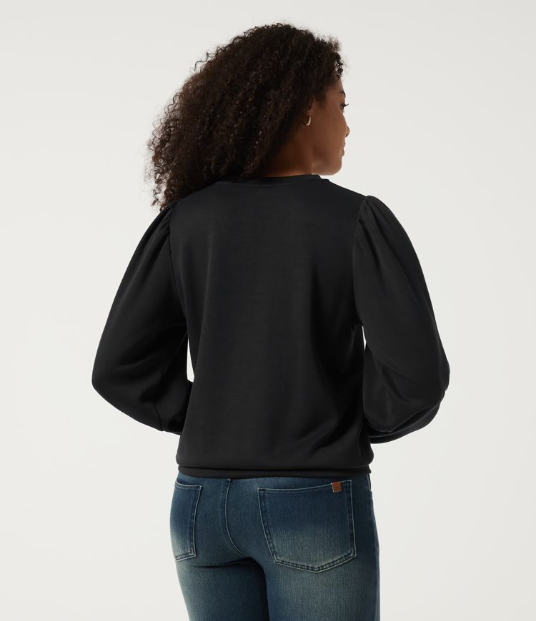 Schwarz Lässiges, gerafftes Sweatshirt mit Rundhalsausschnitt und langen Puffärmeln / 2