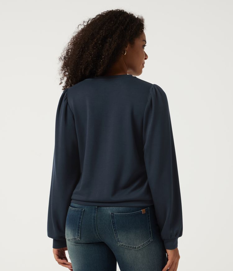 Rain on Me - Midnight Blue Round Neck Puff Long Sleeve Ruched Casual Sweatshirt / 2
