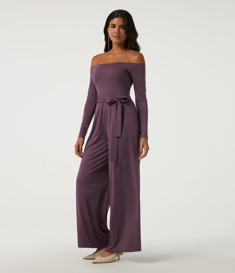 Off Shoulder Long Sleeve Built-in Bra Wide Leg Tie Side Party Jumpsuit with Pockets-Easy Peezy Edition