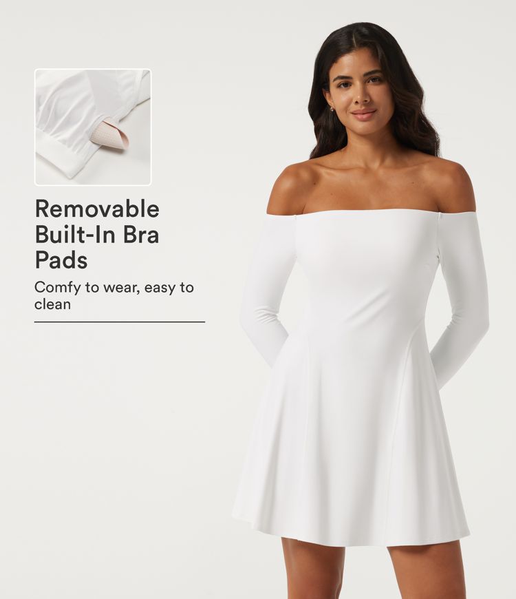 White SoftlyZero™ Plush Off Shoulder Long Sleeve Built-in Bra Mini Casual Dress-B-DD Cups / 1