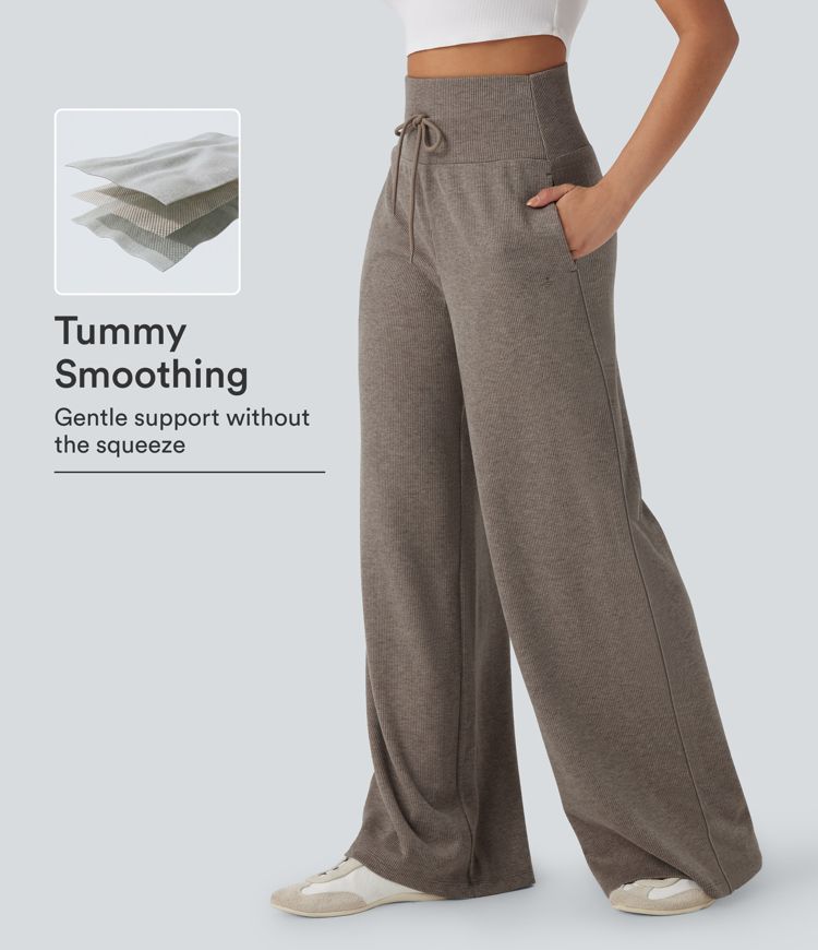  Taupe Stripe Pantalones de punto acanalado, talle alto, control de abdomen, con cordón, estilo casual, de pierna ancha y holgados con bolsillos / 1