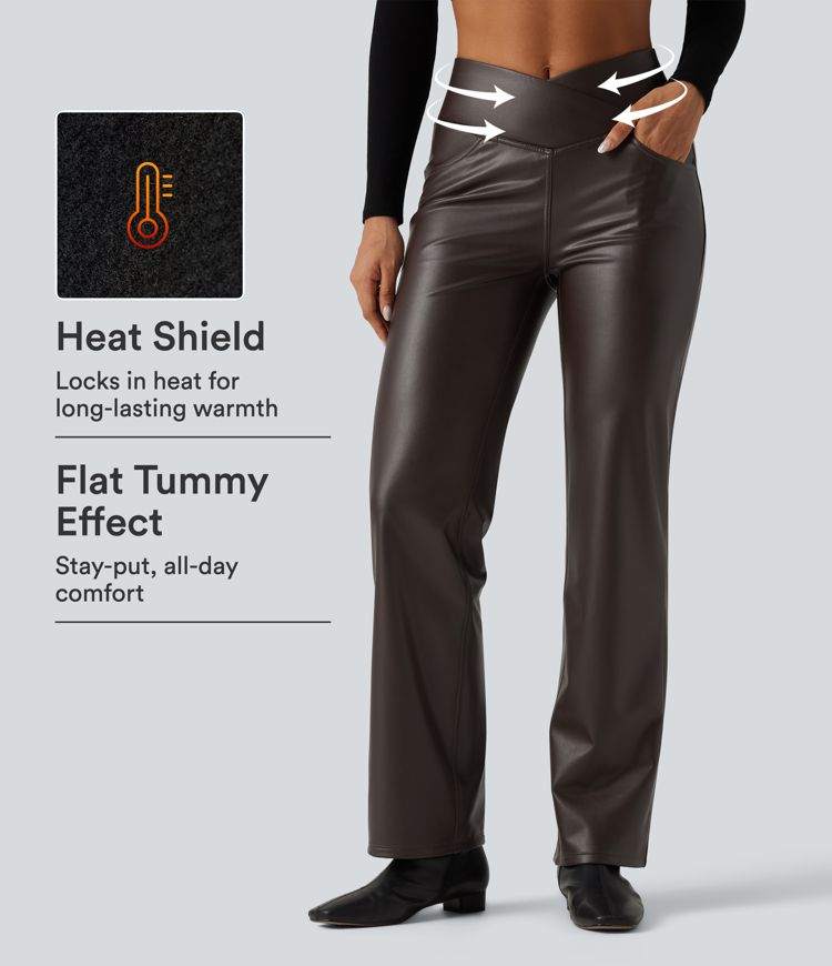 High Waisted Crossover Tummy Control Straight Leg Stretchy PU Fleece Casual Pants with Pockets