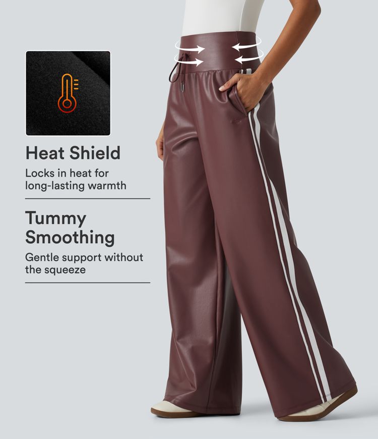 High Waisted Tummy Control Drawstring Wide Leg Side Stripe Stretchy PU Fleece Casual Pants with Pockets