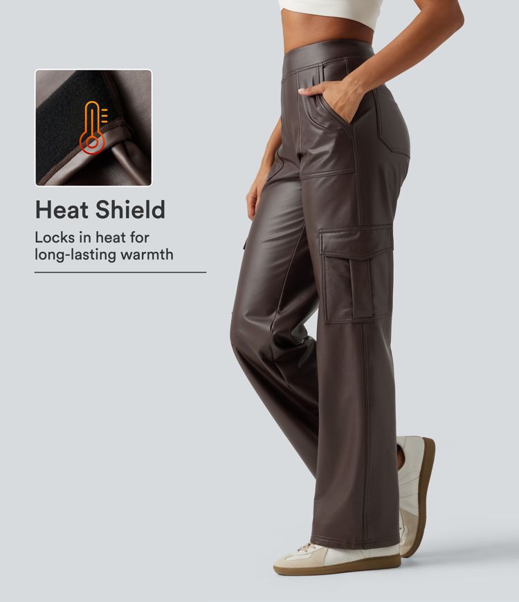 Mid Rise Wide Leg Stretchy PU Fleece Casual Cargo Pants with Pockets
