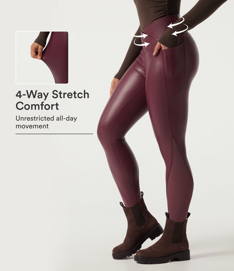 High Waisted Stretchy PU Crossover Contrast Mesh Casual Leggings with Pockets
