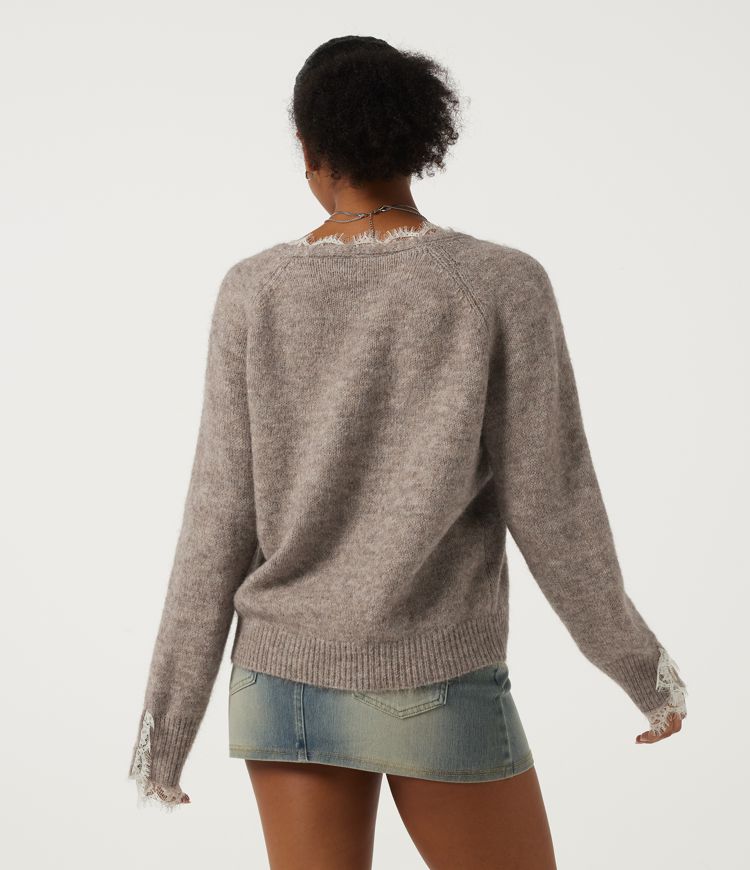Mocha Meringue V Neck Long Sleeve Contrast Lace Casual Sweater / 2