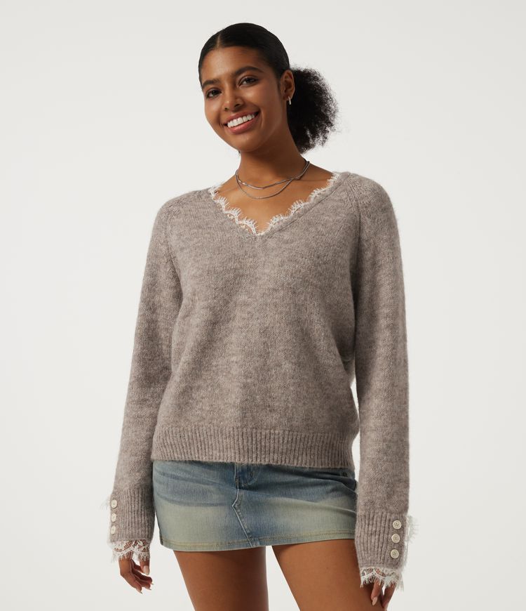 V Neck Long Sleeve Contrast Lace Casual Sweater