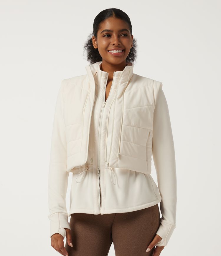 High Neck Long Sleeve Drawstring Fleece 2 in 1 Yoga Down Padded Jacket with Pockets and Thumbholes