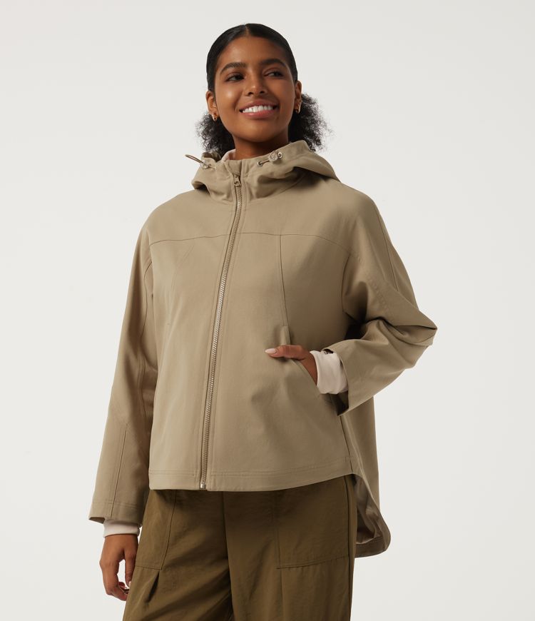 Hooded Raglan Shoulder Long Sleeve Hiking Rain Jacket with Pockets