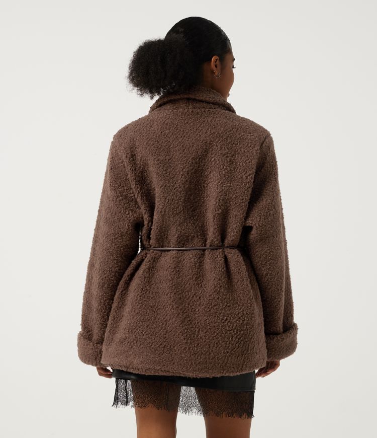 Cocoa Brown Lässige Sherpa-Jacke mit Reverskragen, Seitentaschen, langen Ärmeln und Bindegürtel / 2